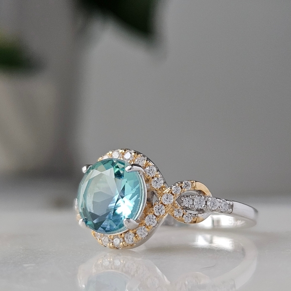 Blue & Teal Aquamarine Round Gemstone Ring, 925 Sterling Silver - Picture 4 of 5